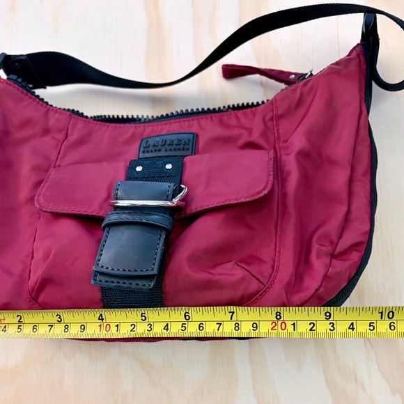 Lauren Ralph Lauren Red Nylon Shoulder Bag Y2K Buckle Hobo Baguette - Picture 9 of 10
